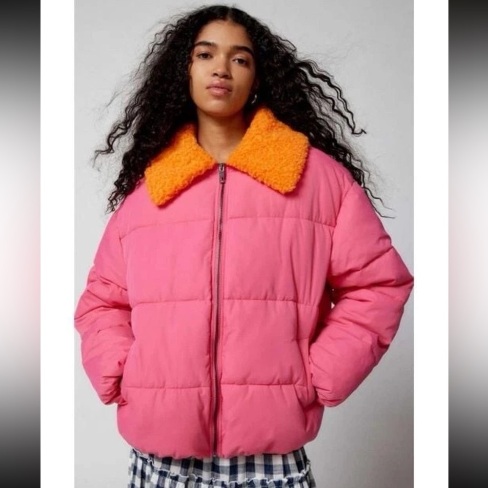 NWOT Urban Outfitters Duckie Orange Pink Faux Shearling Collar Puffer Jacket  M